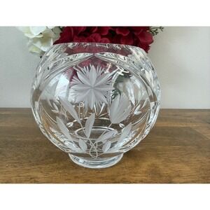 Vintage Cut Crystal Floral Rose Bowl Etched Glass Vase Heavy Crystal Centerpiece